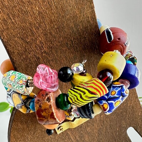 Venetian Millefiori Beads, African Trade Beads, Gemstone Memory Wire Bracelet - Picture 9 of 12